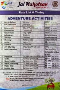 Jal Mahotsav - Rate List of Adventure activities of Tent in Hanuwantiya, Khandwa, Madhyapradesh, India.